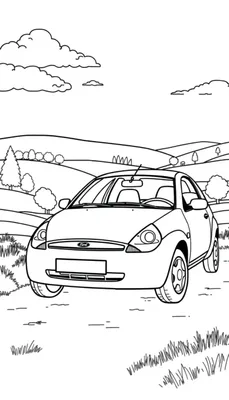 Een zwart-wit kleurplaat van een Ford Ka 2001 in een landelijk landschap met bomen, heuvels en wolken.