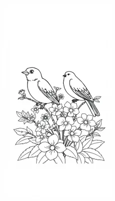 Een kleurplaat van twee vogeltjes op takken tussen bloemen en bladeren, klaar om ingekleurd te worden.