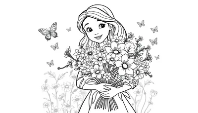 Zwart-wit kleurplaat van een blij meisje met lang haar dat bloemen vasthoudt, vlinders vliegen om haar heen, met extra bloemen op de achtergrond.