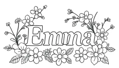 Kleurplaat van de naam Emma omgeven door bloemen en bladeren, klaar om ingekleurd te worden.