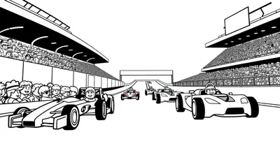 Kleurplaat van een vrolijke autosportrace met lachende coureurs en racewagens, klaar om ingekleurd te worden.