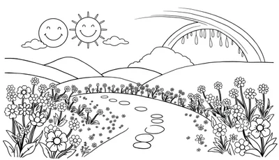 Een vrolijke kleurplaat van een landschap met een pad, bloemen, twee lachende zonnen, een regenboog en wolken, allemaal zwart-wit getekend voor kinderen om in te kleuren.