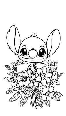 Kleurplaat van Stitch met bloemen en een engel, klaar om ingekleurd te worden.