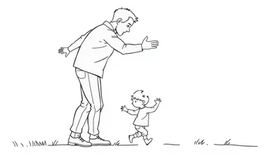 Kleurplaat van een volwassene die klaarstaat om een kind op te vangen, met beide in een eenvoudige zwart-witte lijntekening.
