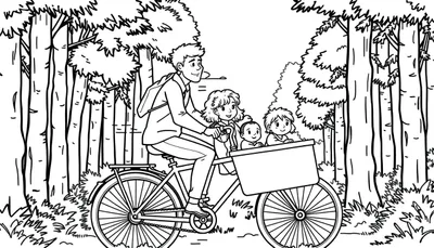 Een kleurplaat van een vrolijke man op een bakfiets met drie kinderen in een bos