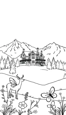 Kleurplaat van een sprookjesachtig landschap met een groot huis, bomen, bergen, een vleugels-hert, bloemen en een grote vlinder.