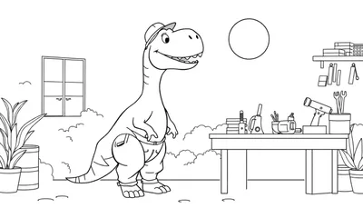 Kleurplaat van een vrolijke dinosaurus met hoed en broek, binnen in een kamer met een raam, planten, een tafel met boeken en kantoorbenodigdheden, en een zonnige achtergrond.