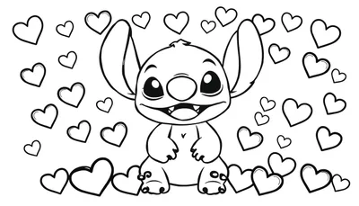 Zwart-wit kleurplaat van Stitch met grote oren en hartjes eromheen, geschikt om in te kleuren.