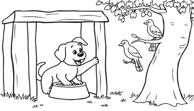 Een vrolijke jonge hond zwaait met één poot in zijn hondenhok, naast een boom met vogels op takken. Het lijkt een vrolijke kleurplaat voor kinderen.