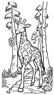 Kleurplaat van een giraffe met een bloem in de mond in een bosrijke omgeving