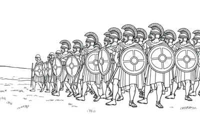 Kleurplaat van een Romeins leger met soldaten in line, met helmen, schilden en speren.