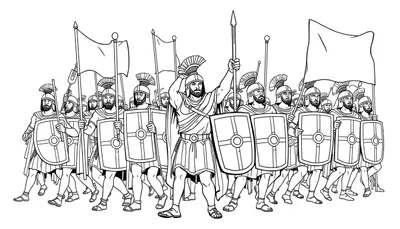 Kleurplaat van een groep Romeinse soldaten klaar voor de strijd.