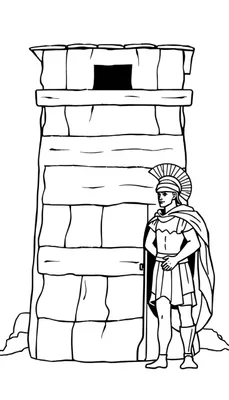 Kleurplaat van een wachttoren en een Romeinse soldaat aan de ingang.