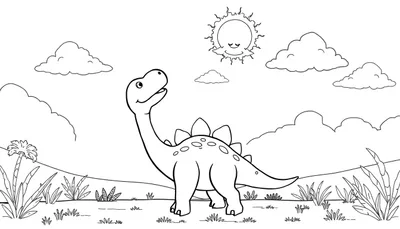Kleurplaat van een vrolijke dinosaurus met een lachende zon, omgeven door gras, planten en palmbomen