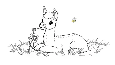 Kleurenplaat van een liggende lama in het gras met een bloem en een bij die vliegt, perfect voor kinderen om te kleuren.