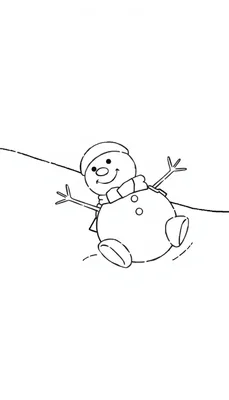 Kleurplaat van een lachende sneeuwpop die van een berg afrolt met zijn hoofd los, getekend in zwart-wit.