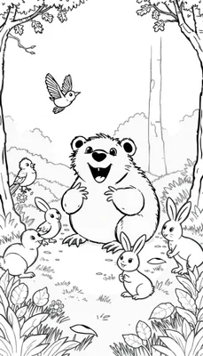 Kleurplaat van een vrolijke beer, konijntjes en vogels in een bos, perfect voor kinderen om in te kleuren.