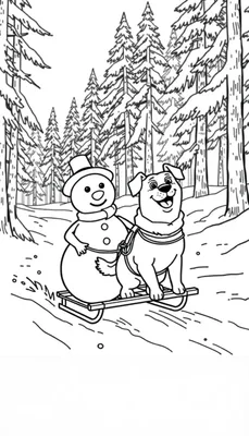 Kleurrijke winterse kleurplaat met een reddingshond, een halve sneeuwman op een slee en een hond die rijdt, omgeven door besneeuwde dennenbomen en een slingerend pad.