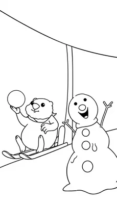 Kleurplaat van een winters tafereel met een sneeuwpop en een dier, samen plezier makend.