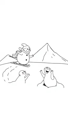 Kleurplaat van een sneeuwscène met een ski-kluis en twee sneeuwfiguren die kijken