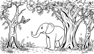 Zwart-witte kleurplaat van een vrolijk bos met een olifant en een grote vlinder die samen plezier maken.