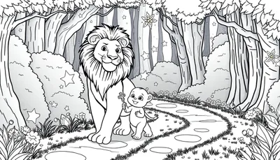 Zwart-wit kleurplaat van een magisch bos met een grote leeuw en een babyleeuw die samen over een kronkelend stenen pad wandelen, omgeven door bomen, bloemen en sterren. Perfect voor kinderen om in te kleuren!