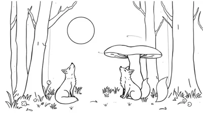 Kleurplaat van twee vosjes in een magisch bos, met een maan in een cirkel en een grote paddestoel