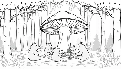 Kleurplaat van een bos met zeven beertjes die onder een grote paddenstoel picknicken.