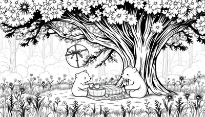 Een kleurplaat van twee schattige beren die samen picknicken onder een grote boom met bloemen, een mand en een hangende lampion met strik.