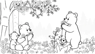 Kleurplaat van een magisch bos met twee kleine beren onder een boom en een grote beer die bloemen plukt, allemaal in zwart-wit. Een kleurrijke bloemrijke omgeving met bomen, gras en bloesems.
