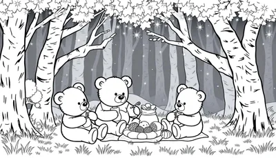 Kleurplaat van een magisch bos met drie teddyberen die samen eten, een eekhoorn op een boomstam en glinsterende sterren om hen heen.
