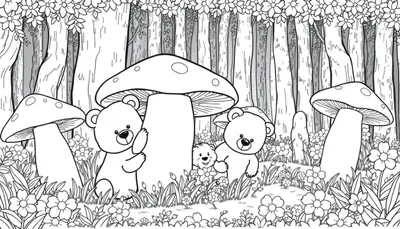 Zwart-wit kleurplaat van een magisch bos met drie speelse beren, grote paddenstoelen, bloemen en hoge bomen, perfect om in te kleuren.