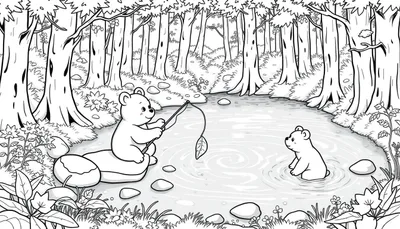 Een zwart-wit kleurplaat van een bos met twee schattige beren bij een vijver. Een beer zit op een steen met een hengel en een blad als haak, terwijl een andere beer in het water nieuwsgierig kijkt. Het bos is vol bomen, stenen en planten. Het ziet er vredig en speels uit.