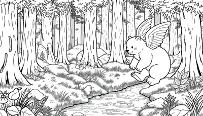 Een sprookjesachtige zwart-witte kleurplaat van een bos met een vrolijke beer met vleugels die door het bos huppelt en zweeft.