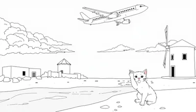 Kleurplaat van een landschap met een kat, water, windmolen, huis en een vliegend vliegtuig.