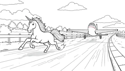 Kleurplaat van een speelse eenhoorn die over de weg galoppeert naast een vliegtuig, met een landelijke omgeving met hekken, gras en bomen.