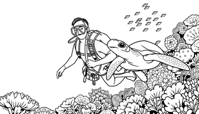 Zwart-wit kleurplaat van een onderwaterscène met een duiker, een zeeschildpad en vissen