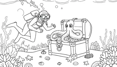 Kleurplaat van een onderwater scène met een duiker, schatkist, octopus en zeedieren
