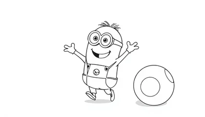 Een zwart-witte kleurplaat van een vrolijk personage met bril, tuinbroek en sprietje haar die zijn armen wijd uitstrekt naast een grote bol. 😊🖍️