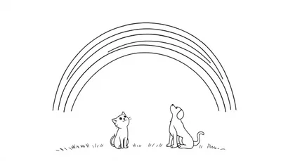 Kleurplaat met een kat, hond en een regenboog, allemaal in zwart-wit.