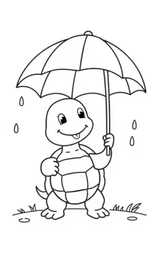 Kleurplaat van een vrolijke schildpad met een paraplu, regen en plassen op de grond