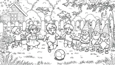 Kleurplaat met vrolijke kinderen die buiten rennen en plezier maken, met lachende tuinkabouters, een houten huisje, bomen, een kasteel in de verte, en bloemen.