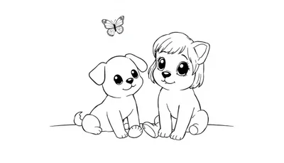 Kleurplaat met twee schattige jonge dieren, een puppy met grote ogen en een ander dier met menselijke kenmerken en kapsel, en een vlinder die vliegt erboven.