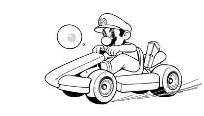 Kleurplaat van een kart racende cartoonpersonage met pet en grote neus, met een spraakballon op de achtergrond.