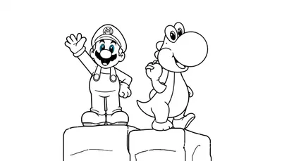 Kleurplaat met een cartoon-achtige tekening van een jongen met een pet en tuinbroek naast een dinosaurus, allebei op blokken. Perfect om in te kleuren!