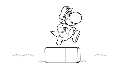 Kleurplaat van een vrolijke cartoondinosaurus die springt op een platform, met een pet en een rugzak, in een buitenomgeving met graspolletjes.