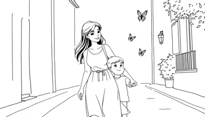 Kleurplaat van een Turkse vrouw met lang donker haar en een klein blond jongetje die samen over straat lopen, met vlinders en een lantaarn op de achtergrond.