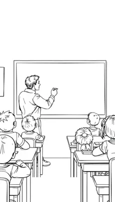 Kleurplaat van een jonge meester in een klaslokaal, met kindjes zittend aan banken en een whiteboard op de achtergrond.