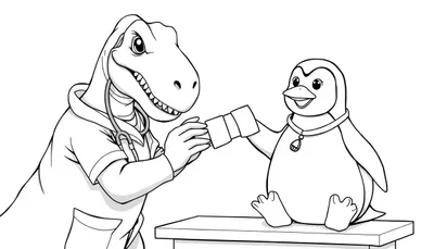 Kleurplaat van een dokter dinosaurus die met een stethoscoop een gewonde pinguïn helpt door een verband aan zijn vleugel te doen.