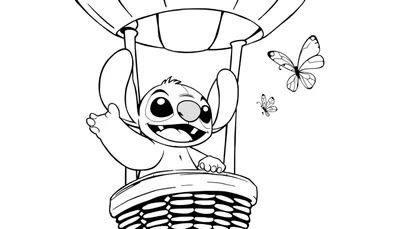 Een kleurplaat van Stitch met grote oren en een brede glimlach in een luchtballonmand. Hij zwaait vrolijk terwijl vlinders rond de ballon vliegen.